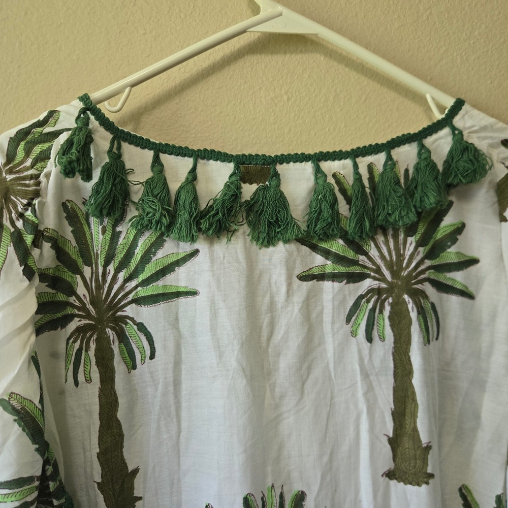 Katie Kime Cotton Silk Palm Tree Kaftan Coverup Green White Tassel Trim One Size - Picture 7 of 9